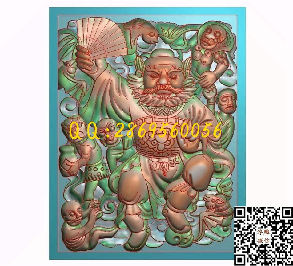 五鬼戏钟馗 52-67-4_玉雕花件牌子图木雕牙雕挂件46牌精雕图浮雕图